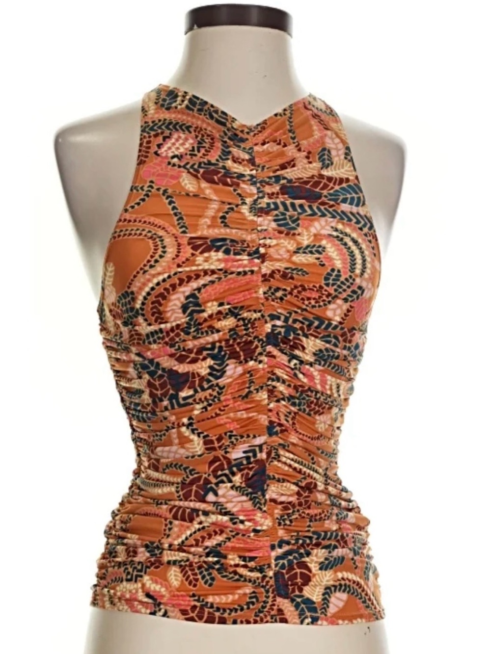 A.L.C. One-Shoulder Ruched Tank Top in Rust Multi